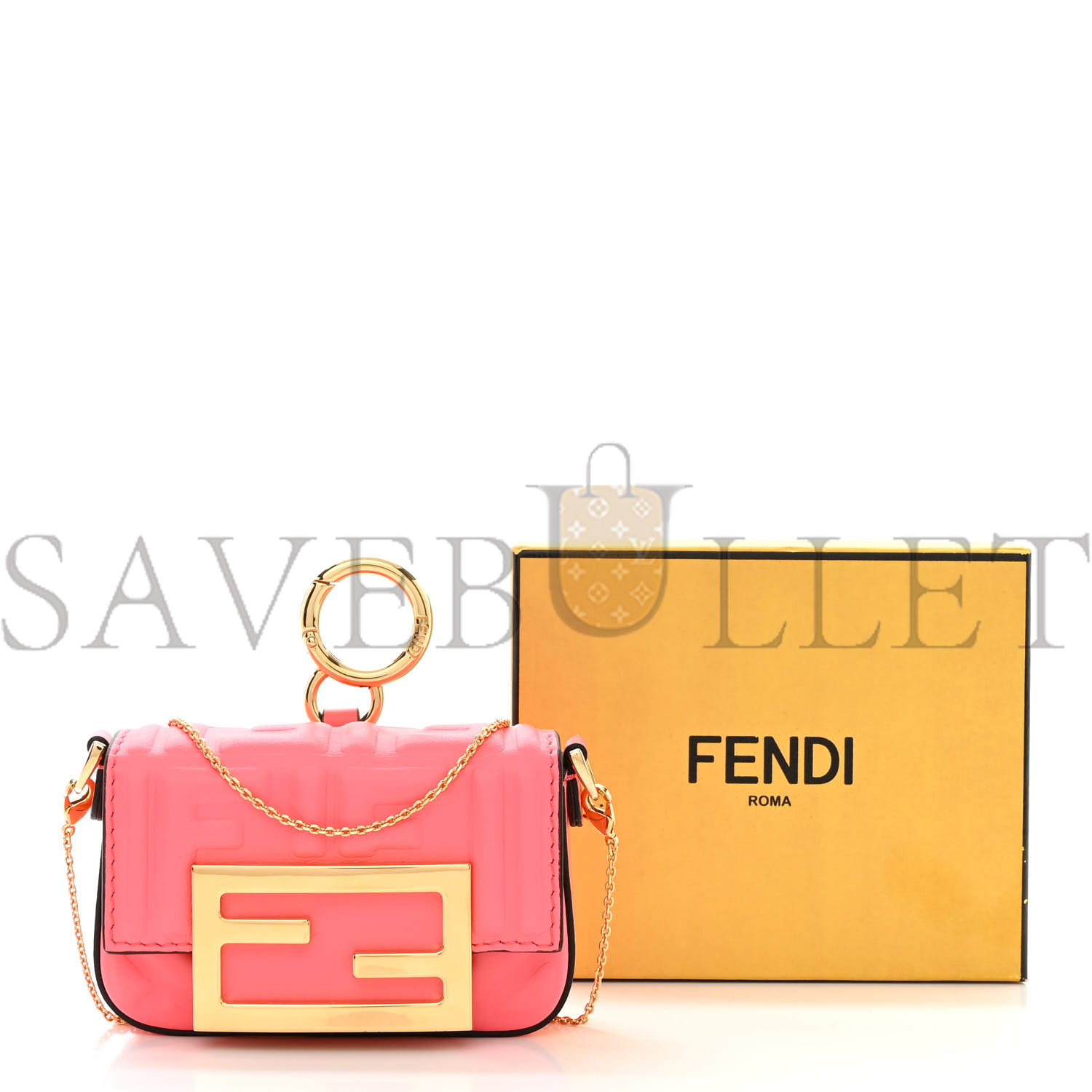 FENDI NAPPA MATISSE FF EMBOSSED NANO MAXI BUCKLE BAGUETTE CHARM PINK DALIA (11*7*3cm)