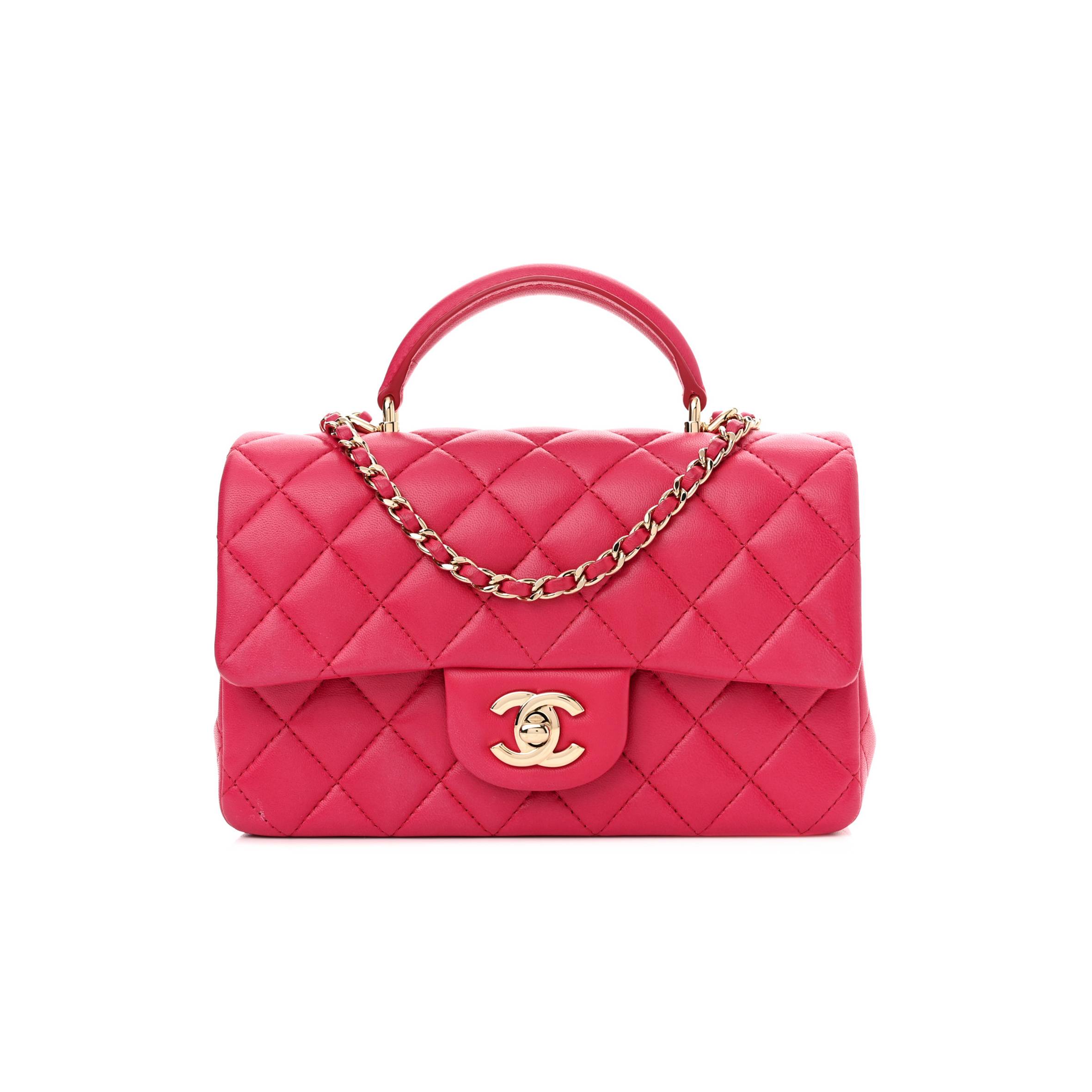 CHANEL LAMBSKIN QUILTED MINI TOP HANDLE RECTANGULAR FLAP DARK PINK ROSE GOLD HARDWARE (19*13*7cm)