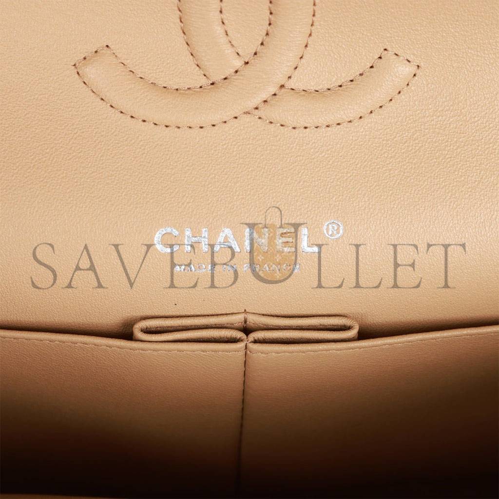 CHANEL MEDIUM CLASSIC DOUBLE FLAP BAG BEIGE LAMBSKIN SILVER HARDWARE (25*15*7cm)