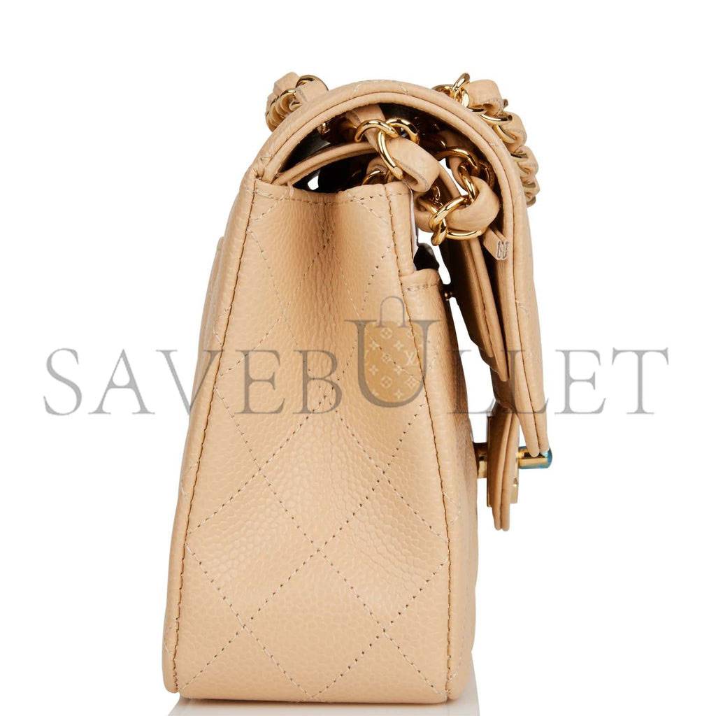 CHANEL SMALL CLASSIC DOUBLE FLAP BAG BEIGE CAVIAR GOLD HARDWARE (23*13*6cm)