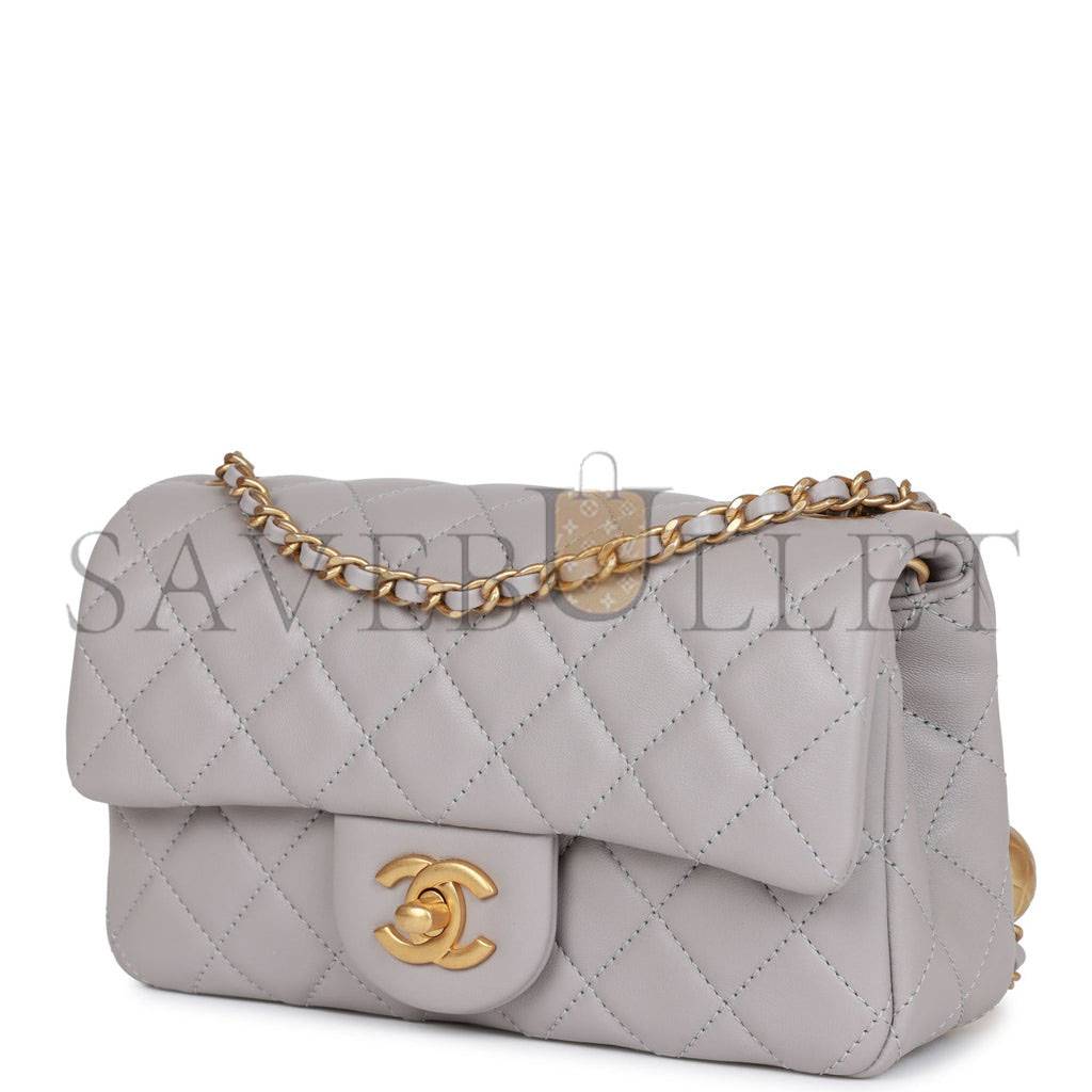 CHANEL PEARL CRUSH MINI RECTANGULAR FLAP BAG LIGHT GREY LAMBSKIN ANTIQUE GOLD HARDWARE (20*13*6cm)