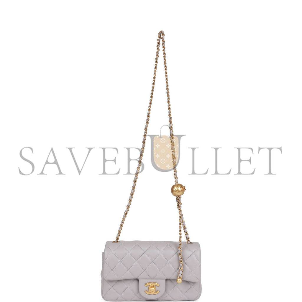 CHANEL PEARL CRUSH MINI RECTANGULAR FLAP BAG LIGHT GREY LAMBSKIN ANTIQUE GOLD HARDWARE (20*13*6cm)