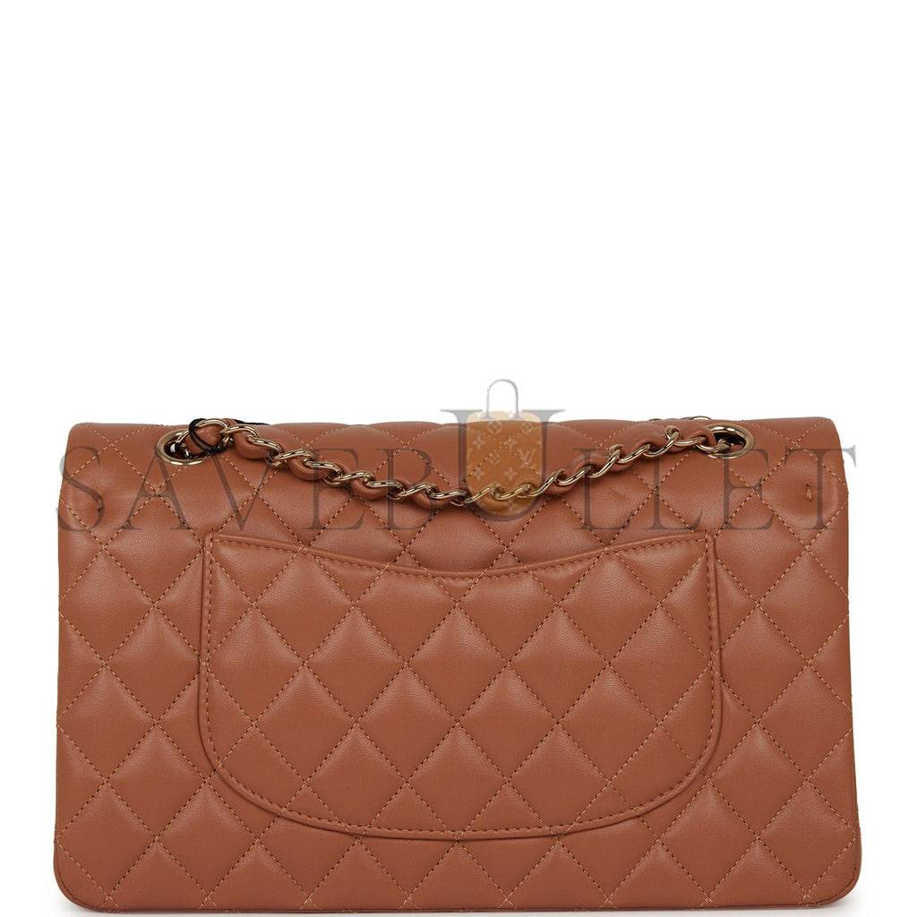 CHANEL MEDIUM CLASSIC DOUBLE FLAP BAG CARAMEL LAMBSKIN LIGHT GOLD HARDWARE (25*15*7cm)