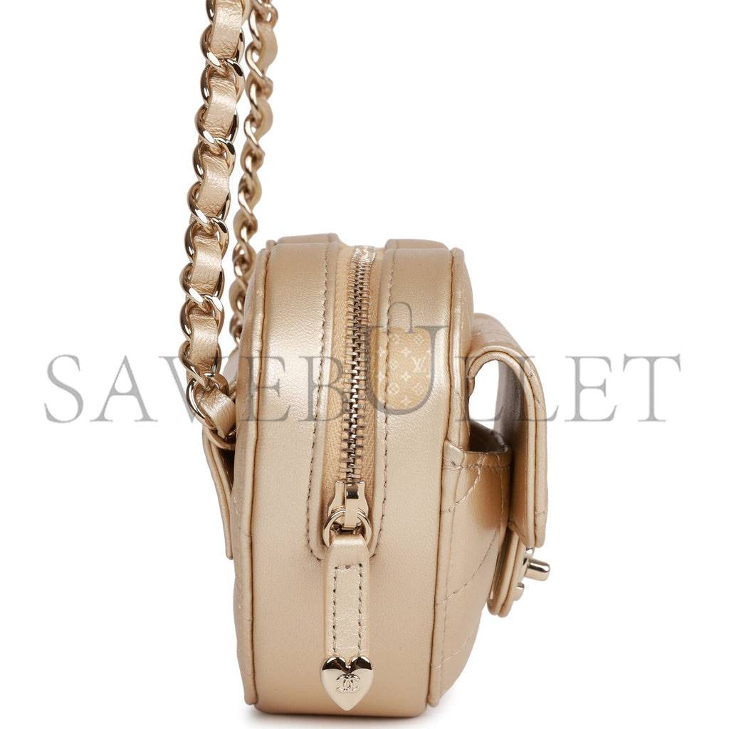 CHANEL CC IN LOVE HEART BELT BAG GOLD LAMBSKIN LIGHT GOLD HARDWARE (11*10*4cm)