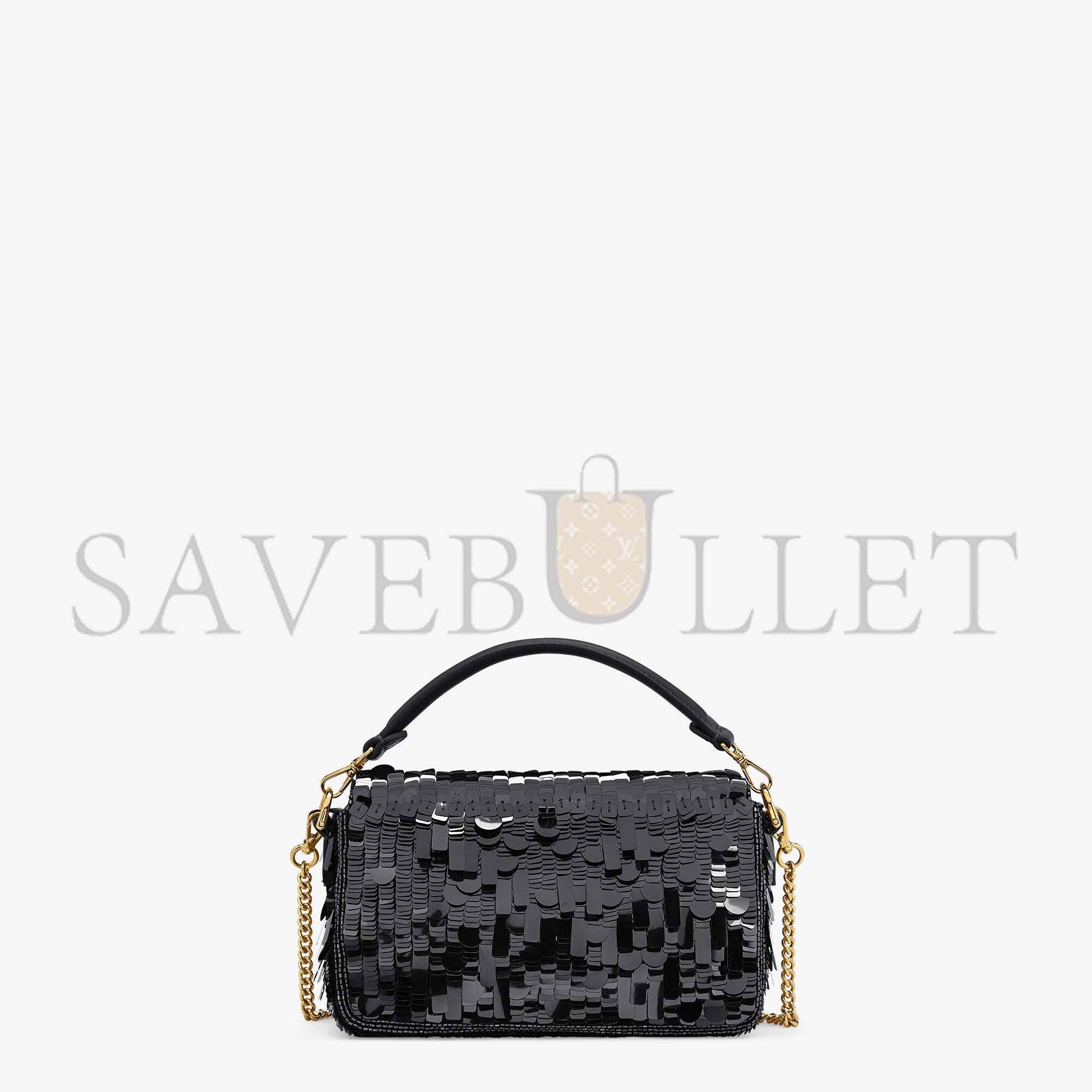 FENDI BAGUETTE MINI - BLACK SEQUIN AND LEATHER BAG 8BS017AMP0F0KUR (20*13*5cm)