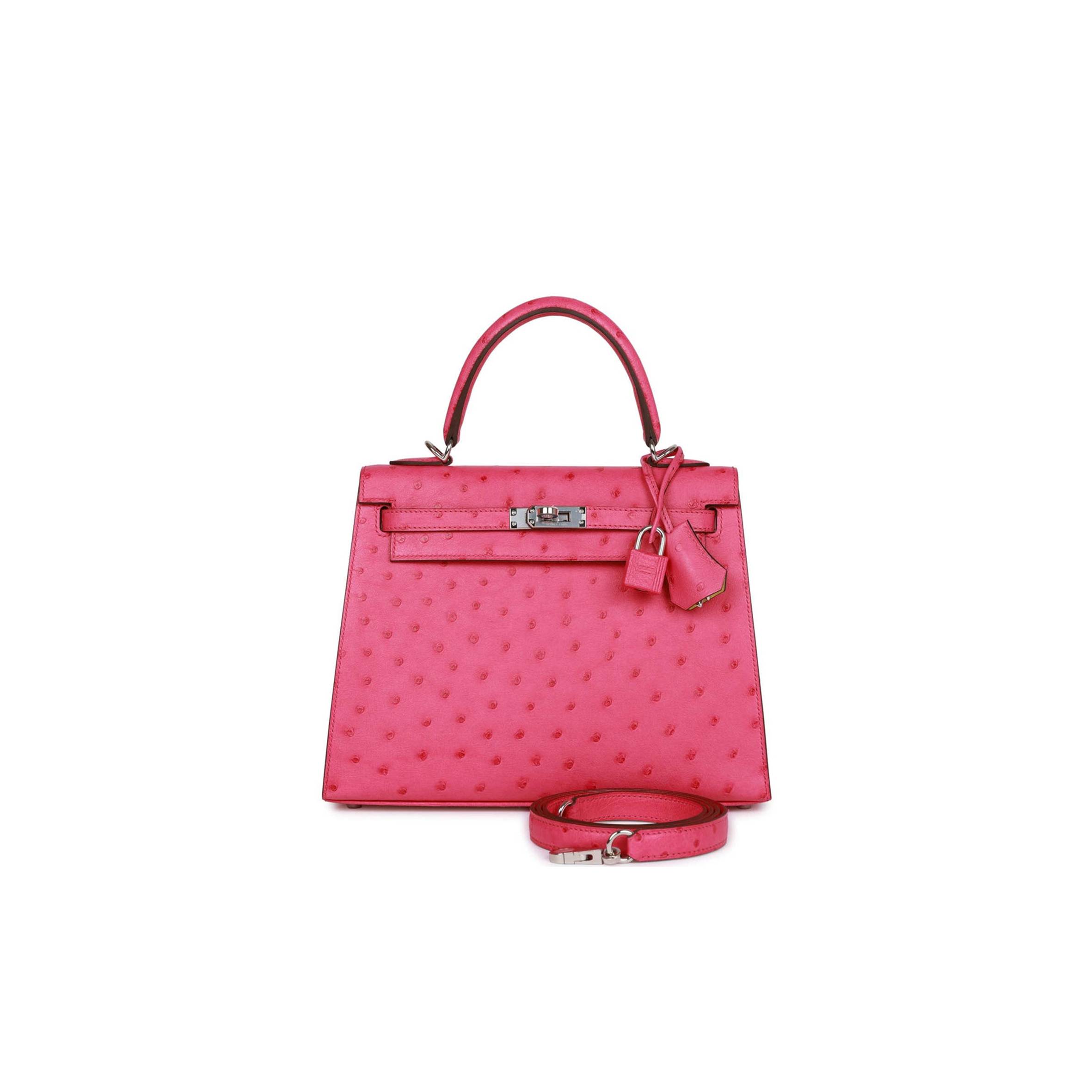 HERMES SPECIAL ORDER (HSS) KELLY SELLIER 25 ROSE TYRIEN VERSO OSTRICH PALLADIUM HARDWARE HANDMADE (25*17*7cm)