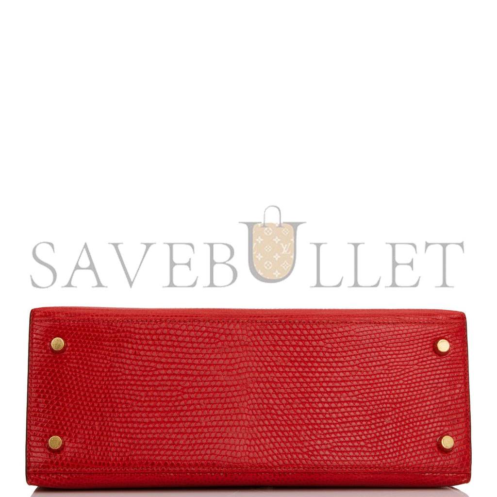 HERMES KELLY SELLIER 28 ROUGE VIF LIZARD NILOTICUS GOLD HARDWARE (28*22*10cm)