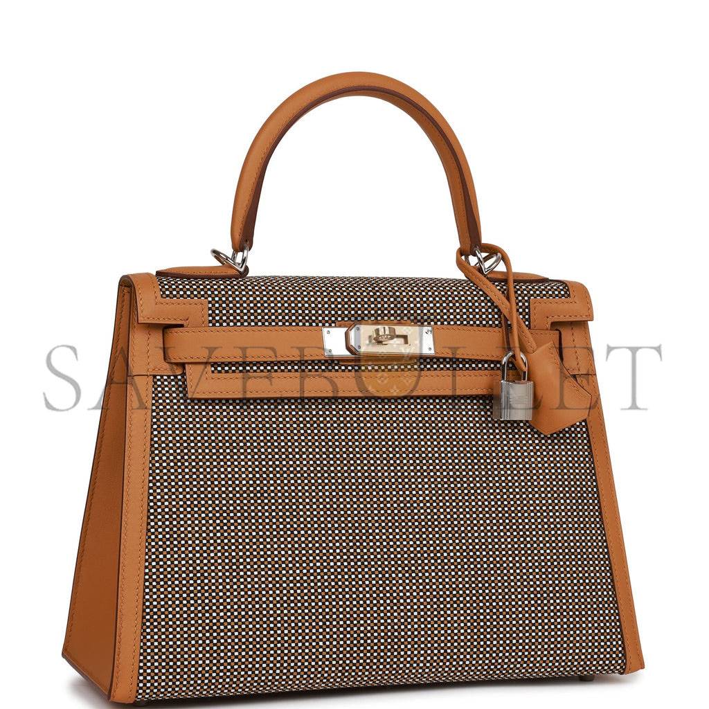 HERMES QUADRILLE KELLY SELLIER 28 SESAME TOILE AND SWIFT PALLADIUM HARDWARE (28*21*12cm)