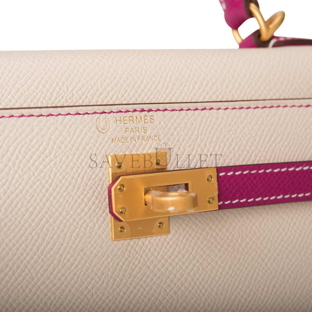 HERMES SPECIAL ORDER (HSS) KELLY SELLIER 25 ROSE POURPRE AND CRAIE EPSOM BRUSHED GOLD HARDWARE HANDMADE(25*17*7cm)