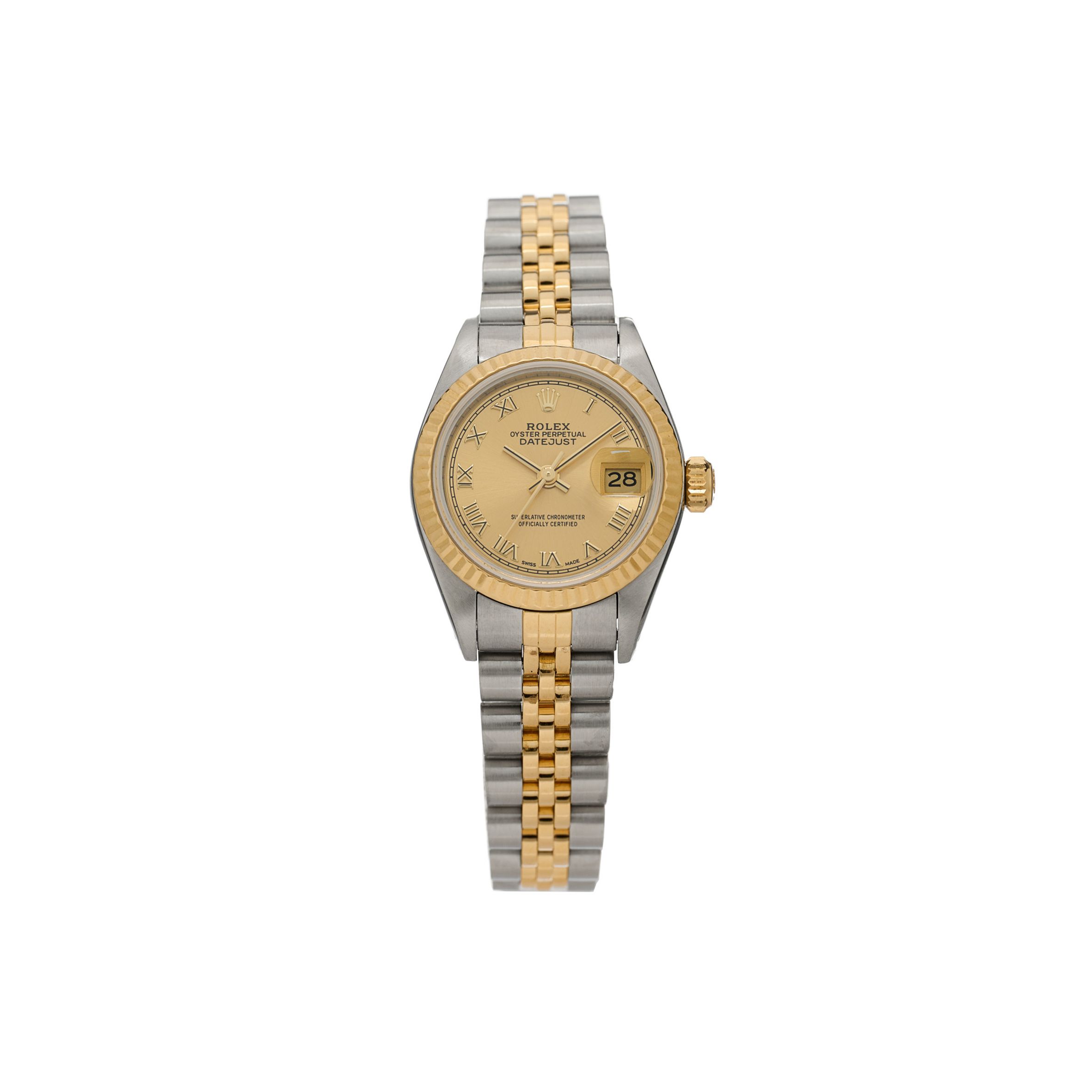 ROLEX STAINLESS STEEL 18K YELLOW GOLD 26MM OYSTER PERPETUAL DATEJUST WATCH CHAMPAGNE ROMAN 69173